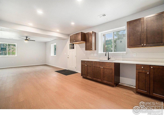 kitchen featuring dark brown cabinetry, sink, plenty of natural light, and light wood-type flooring