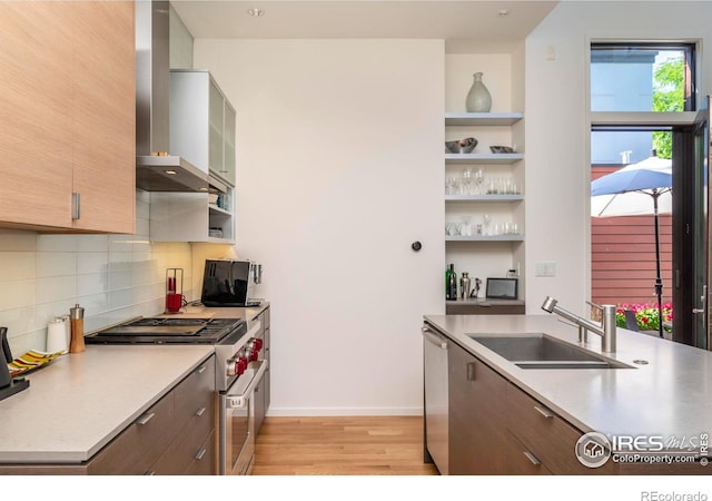 kitchen featuring wall chimney exhaust hood, sink, light wood-type flooring, stainless steel appliances, and backsplash