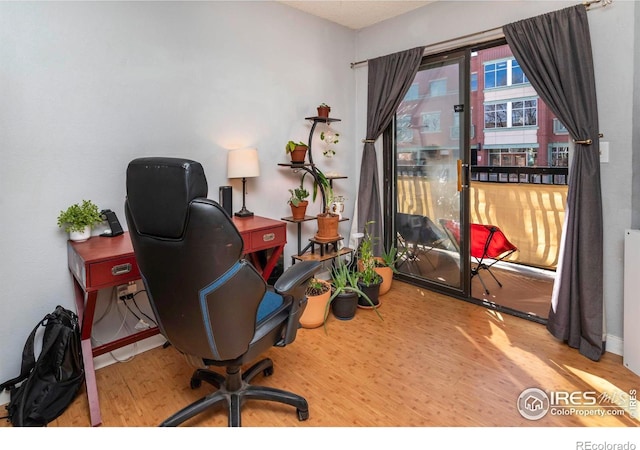 office space with wood-type flooring