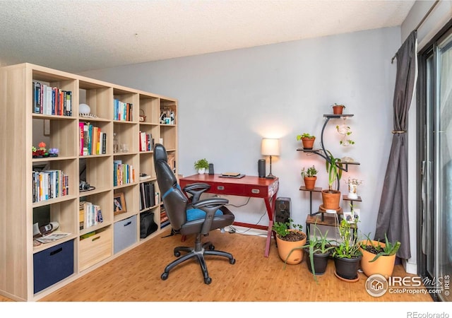 office area with hardwood / wood-style flooring and a textured ceiling