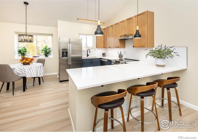 kitchen with a sink, under cabinet range hood, stainless steel appliances, a peninsula, and light wood finished floors