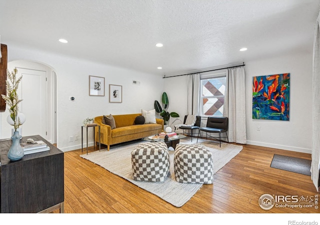 living room featuring hardwood / wood-style flooring and a textured ceiling