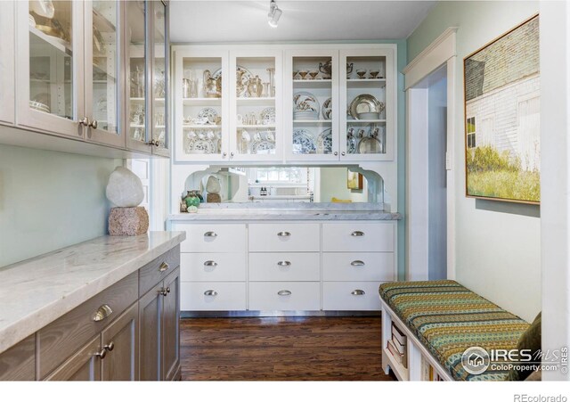 interior space with white cabinetry, light stone countertops, and dark wood-type flooring