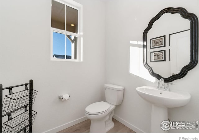 bathroom with hardwood / wood-style flooring and toilet