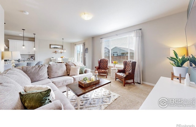 living room with baseboards and light colored carpet