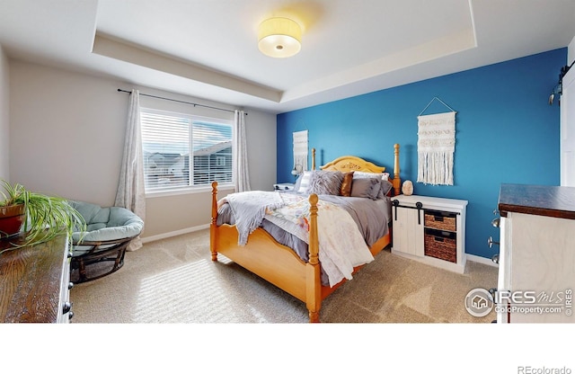 carpeted bedroom featuring baseboards and a raised ceiling