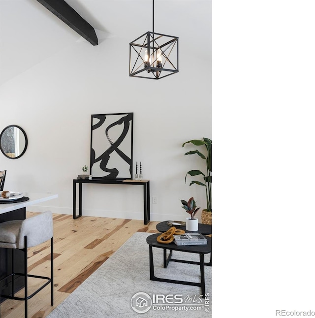 office area with beam ceiling, high vaulted ceiling, a notable chandelier, and hardwood / wood-style flooring