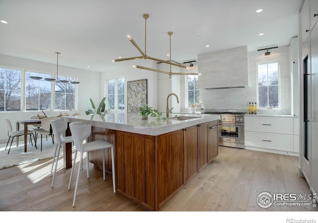 kitchen with sink, high end range, range hood, a kitchen island with sink, and white cabinets