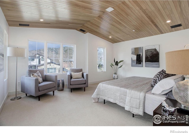 bedroom featuring carpet floors, vaulted ceiling, and wooden ceiling