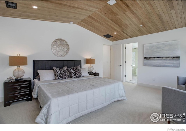 carpeted bedroom featuring lofted ceiling, ensuite bathroom, and wooden ceiling