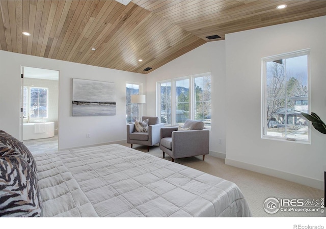 bedroom featuring connected bathroom, light colored carpet, vaulted ceiling, and wooden ceiling