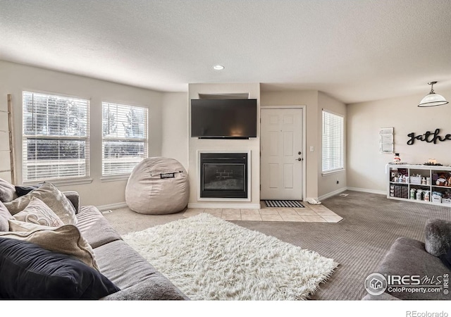 carpeted living room with a textured ceiling