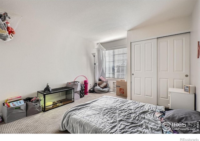 bedroom with carpet flooring, a closet, and a textured ceiling