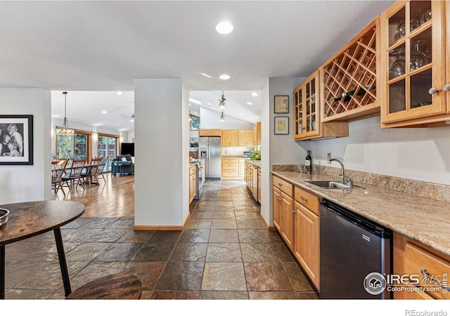 kitchen with decorative light fixtures, dishwasher, sink, light stone counters, and stainless steel refrigerator with ice dispenser