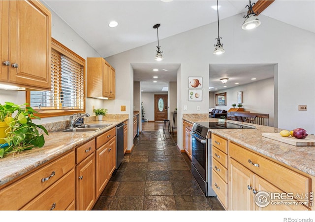 kitchen with pendant lighting, stainless steel appliances, vaulted ceiling, and sink