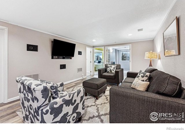 living room with ornamental molding, light hardwood / wood-style floors, and a textured ceiling