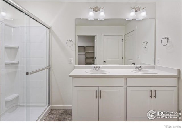 bathroom featuring vanity and a shower with door