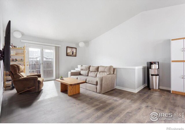 living room featuring wood-type flooring and vaulted ceiling