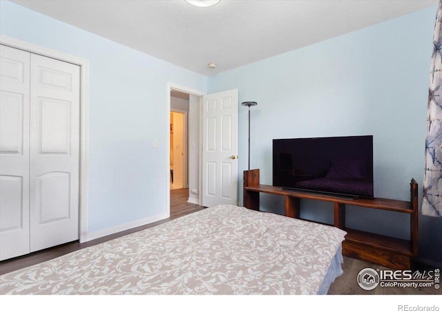 bedroom featuring dark hardwood / wood-style floors and a closet