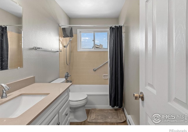 full bathroom featuring vanity, toilet, and shower / bathtub combination with curtain