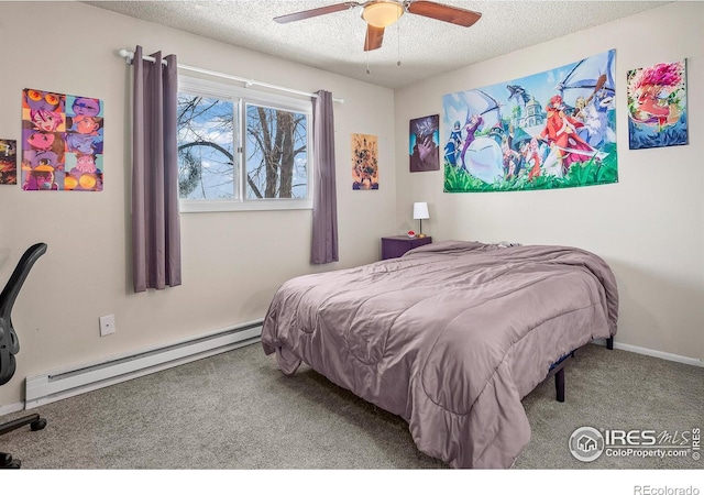 bedroom with a baseboard radiator, carpet floors, ceiling fan, and a textured ceiling