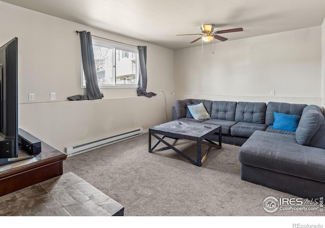 living room with ceiling fan, carpet flooring, and baseboard heating