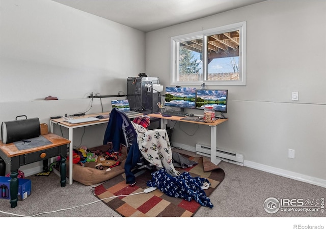 carpeted office with a baseboard heating unit