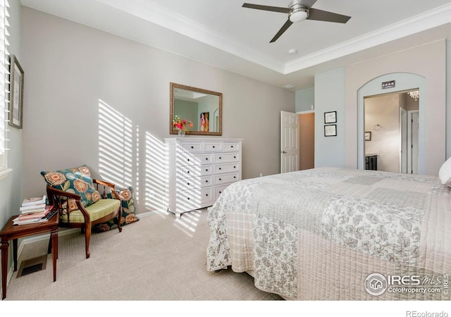 carpeted bedroom featuring crown molding, ensuite bath, and a tray ceiling