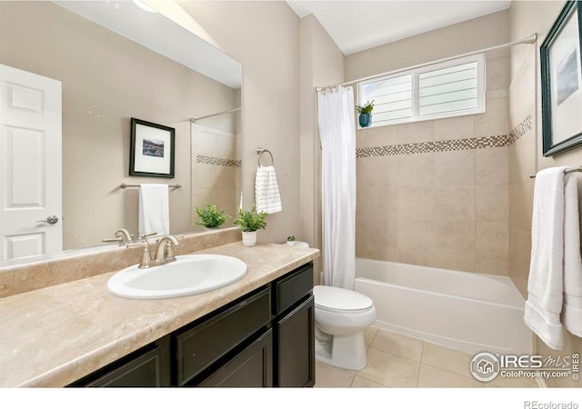 full bathroom with vanity, tile patterned floors, shower / bath combination with curtain, and toilet