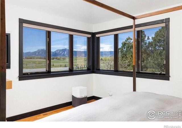 unfurnished bedroom with wood-type flooring, a mountain view, and multiple windows