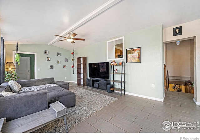 living room featuring lofted ceiling with beams and ceiling fan