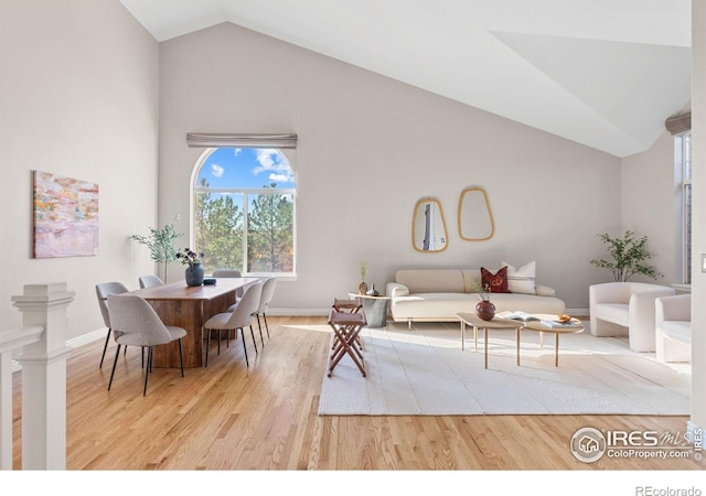 living room featuring high vaulted ceiling and light hardwood / wood-style floors