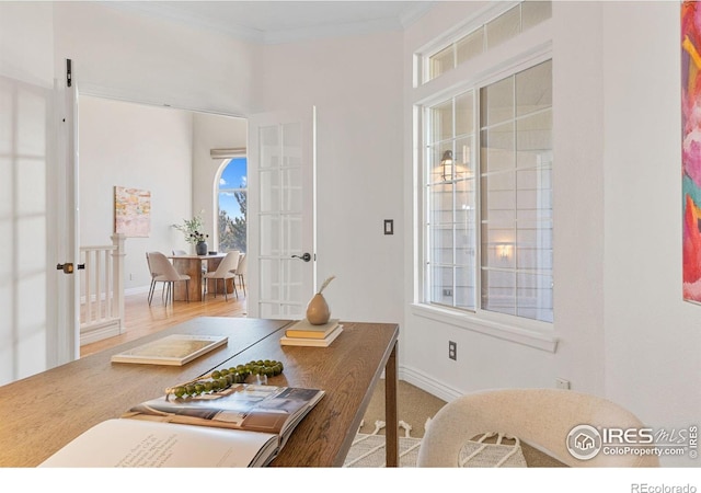 office space featuring crown molding and french doors