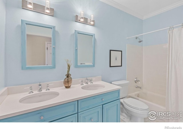 full bathroom featuring toilet, ornamental molding, shower / bathtub combination with curtain, and vanity