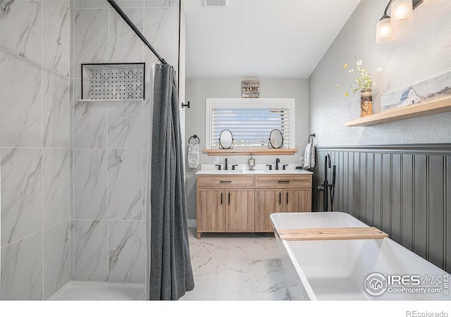 bathroom with vanity and a shower with shower curtain