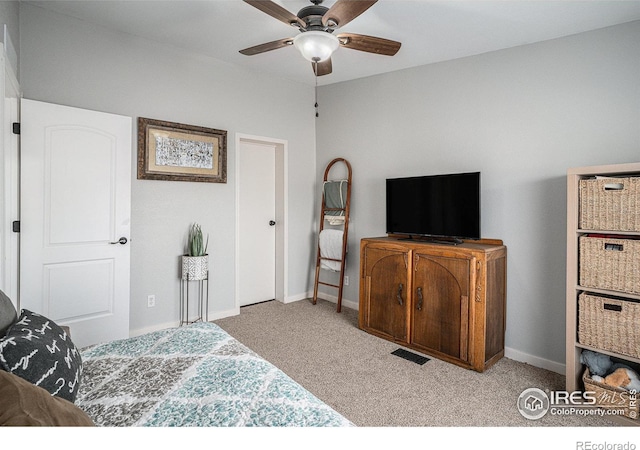 carpeted bedroom featuring ceiling fan