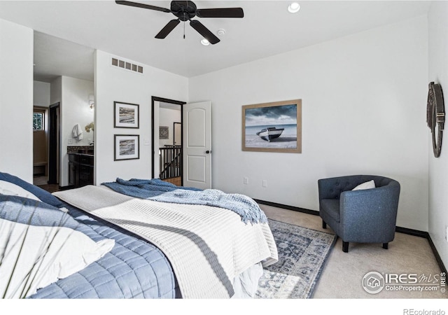 carpeted bedroom featuring ceiling fan