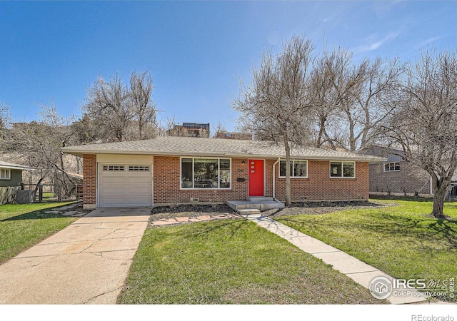 single story home with a garage, central AC unit, and a front yard