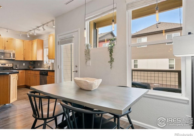 kitchen featuring appliances with stainless steel finishes, pendant lighting, light brown cabinets, and light hardwood / wood-style flooring