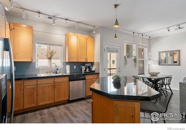 kitchen with tasteful backsplash, sink, a center island, stainless steel appliances, and track lighting