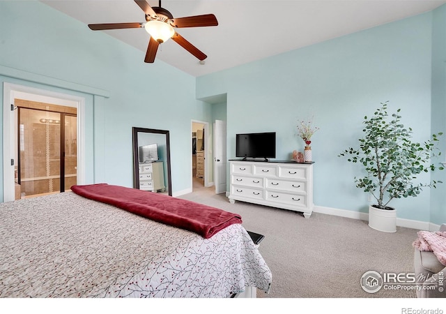 bedroom with ceiling fan, connected bathroom, and light carpet