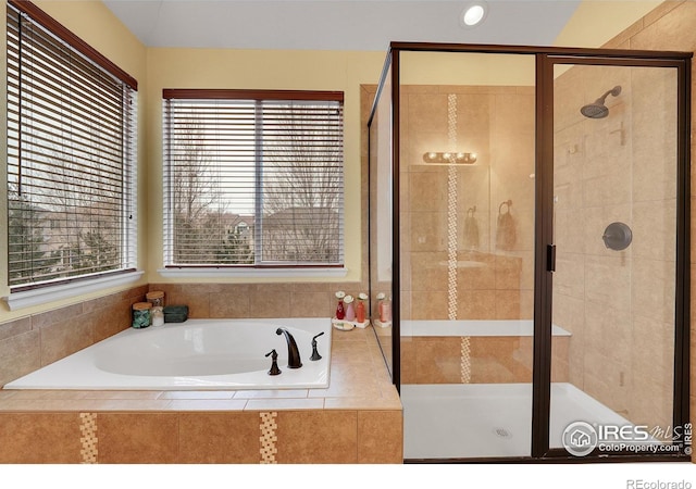 bathroom with plenty of natural light and shower with separate bathtub