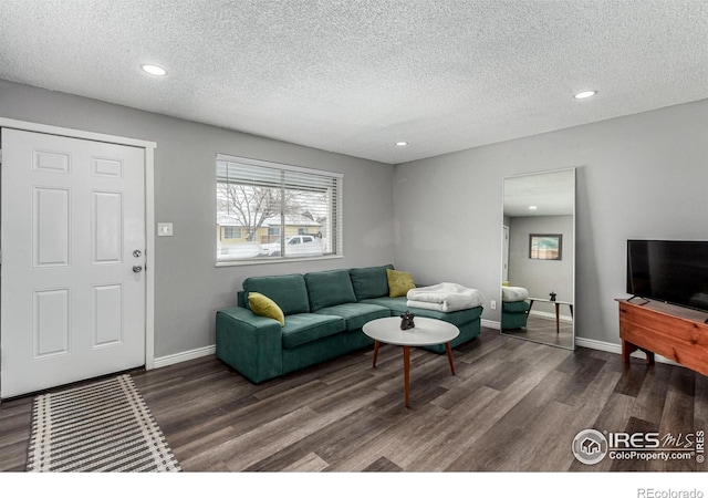 living room with a textured ceiling and dark hardwood / wood-style flooring