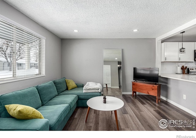 living room with hardwood / wood-style flooring and a textured ceiling