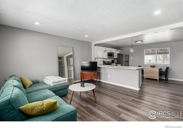 living room featuring wood-type flooring, sink, and a textured ceiling