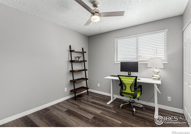 office area featuring dark hardwood / wood-style flooring, ceiling fan, and a textured ceiling