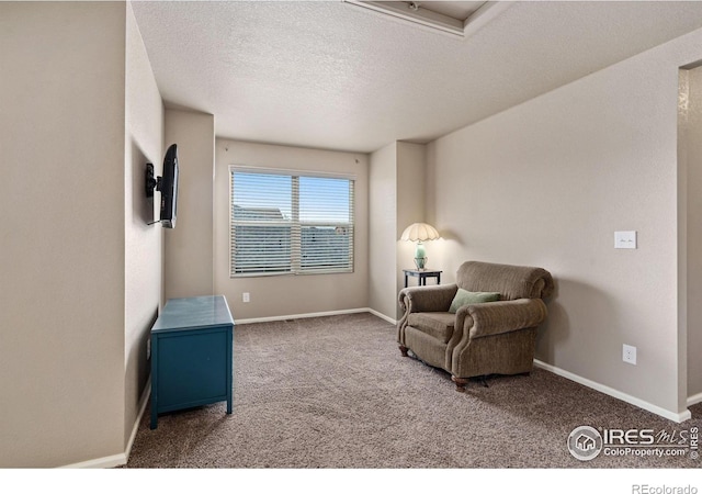 living area featuring carpet floors and a textured ceiling