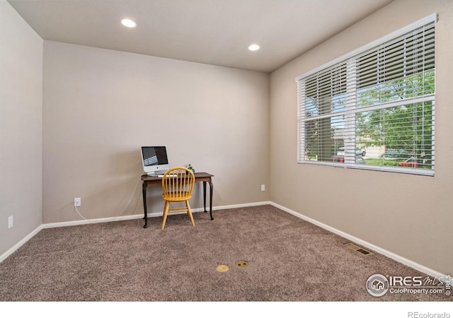 view of carpeted home office