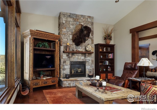 living room featuring vaulted ceiling, a stone fireplace, dark hardwood / wood-style floors, and a baseboard radiator