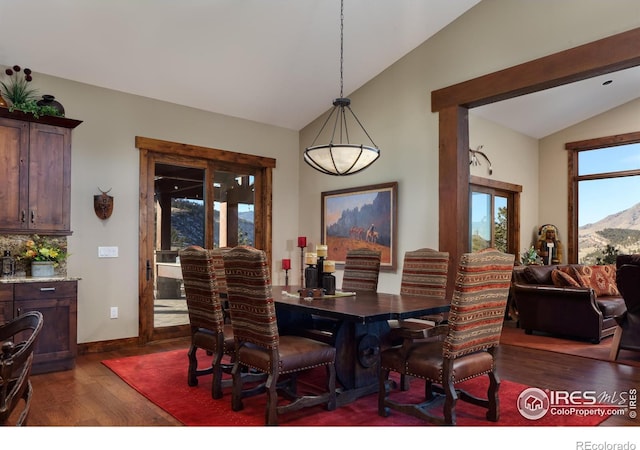 dining room with vaulted ceiling, a mountain view, and dark wood-type flooring